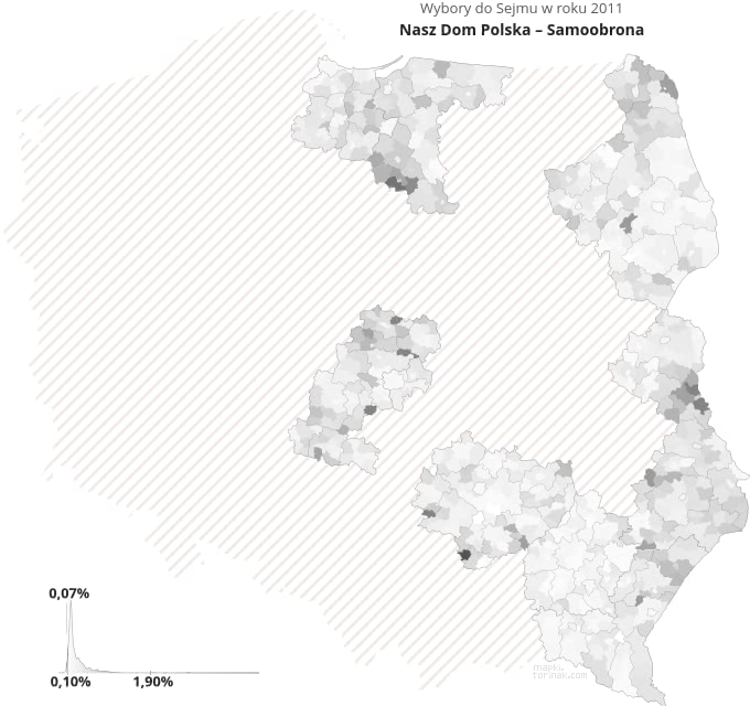 Mapa poparcia komitetu Nasz Dom Polska – Samoobrona w wyborach 2011 roku.