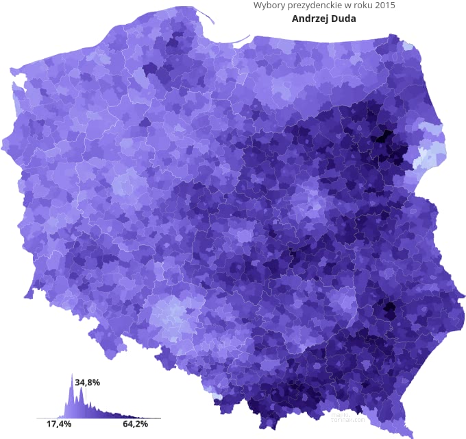 Mapa poparcia Andrzeja Dudy w wyborach 2015 roku.