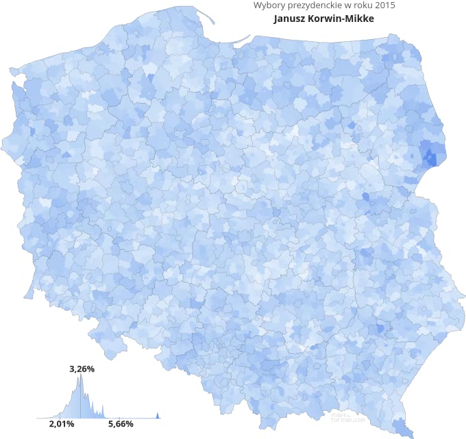 Mapa poparcia Janusza Korwin-Mikkego w wyborach 2015 roku.