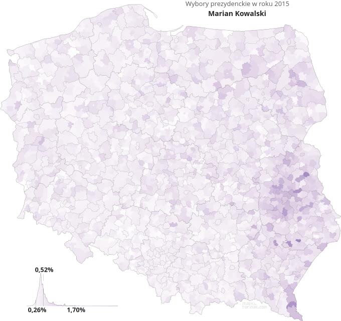 Mapa poparcia Mariana Kowalskiego w wyborach 2015 roku.