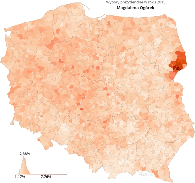Mapa poparcia Magdaleny Ogórkowej w wyborach 2015 roku.