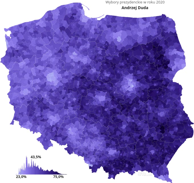 Mapa poparcia Andrzeja Dudy w wyborach 2020 roku.