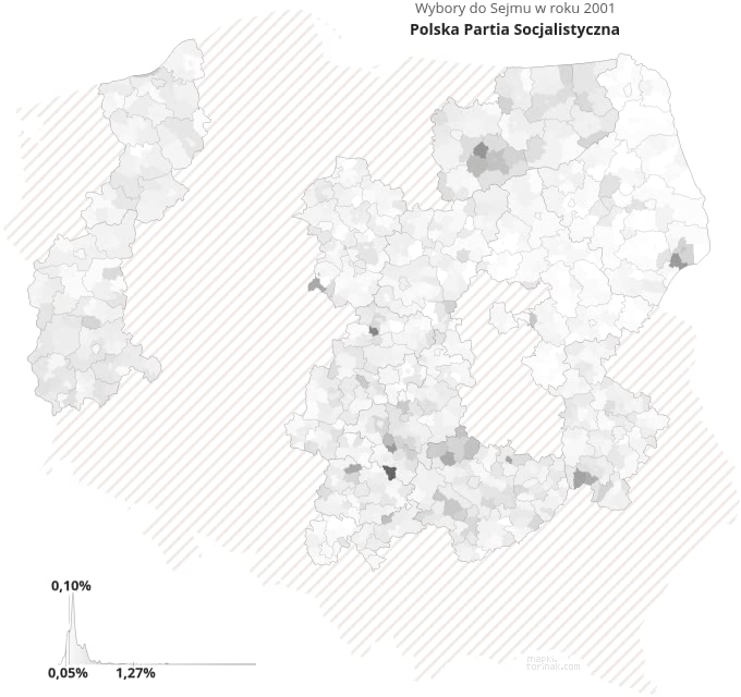 Mapa poparcia Polskiej Partii Socjalistycznej w wyborach 2001 roku.