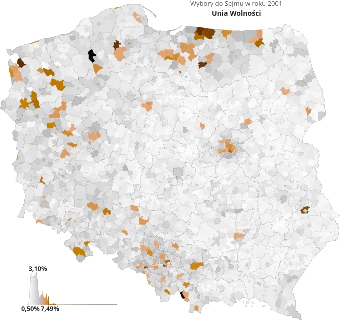 Mapa poparcia Unii Wolności w wyborach 2001 roku.