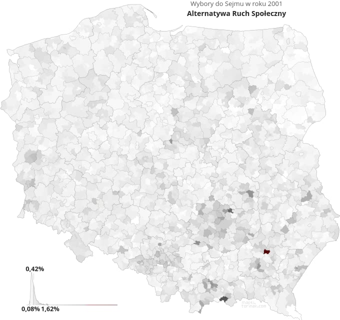 Mapa poparcia komitetu Alternatywa Ruch Społeczny w wyborach 2001 roku.