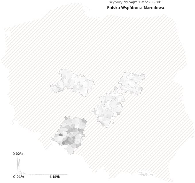 Mapa poparcia komitetu Polska Wspólnota Narodowa w wyborach 2001 roku.