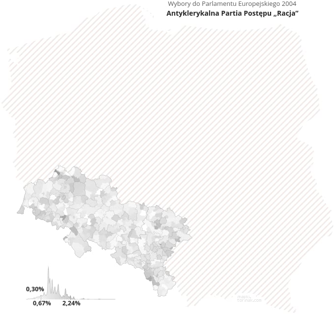 Mapa poparcia komitetu Antyklerykalna Partia Postępu „Racja” w wyborach 2004 roku.