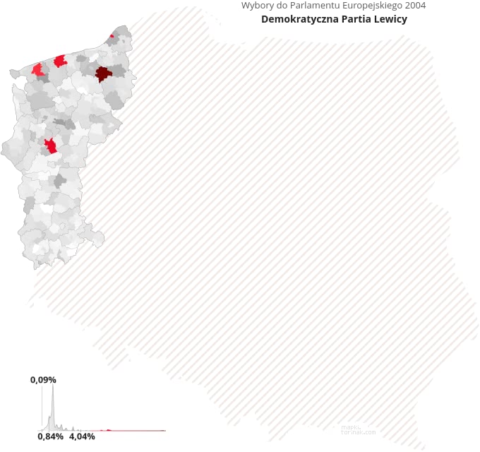 Mapa poparcia komitetu Demokratyczna Partia Lewicy w wyborach 2004 roku.