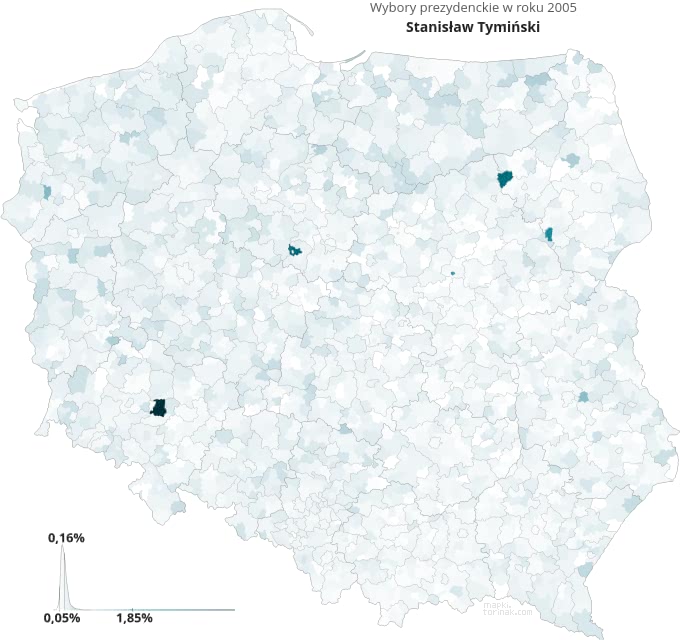 Mapa poparcia Stanisława Tymińskiego w wyborach 2005 roku.