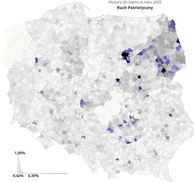 Mapa poparcia komitetu Ruch Patriotyczny w wyborach 2005 roku.