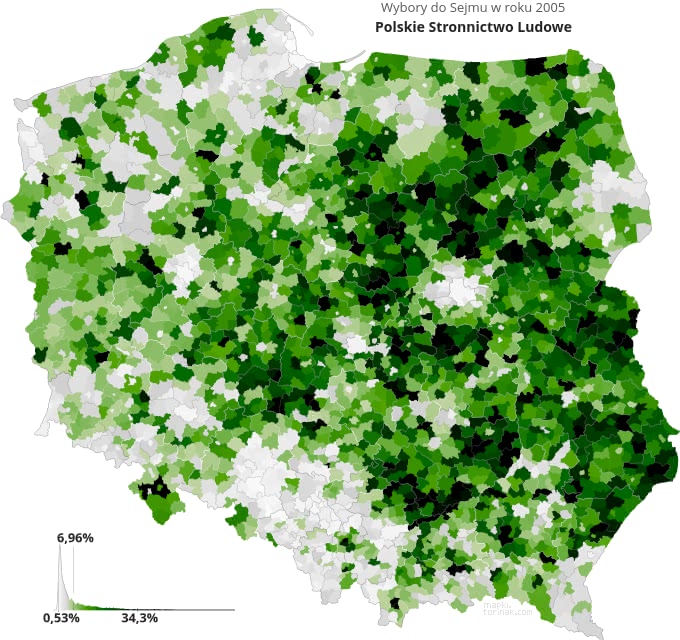 Mapa poparcia Polskiego Stronnictwa Ludowego w wyborach 2005 roku.