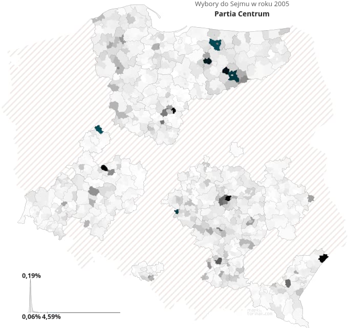 Mapa poparcia komitetu Partia Centrum w wyborach 2005 roku.