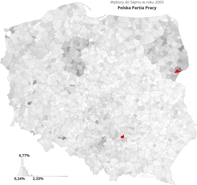 Mapa poparcia Polskiej Partii Pracy w wyborach 2005 roku.
