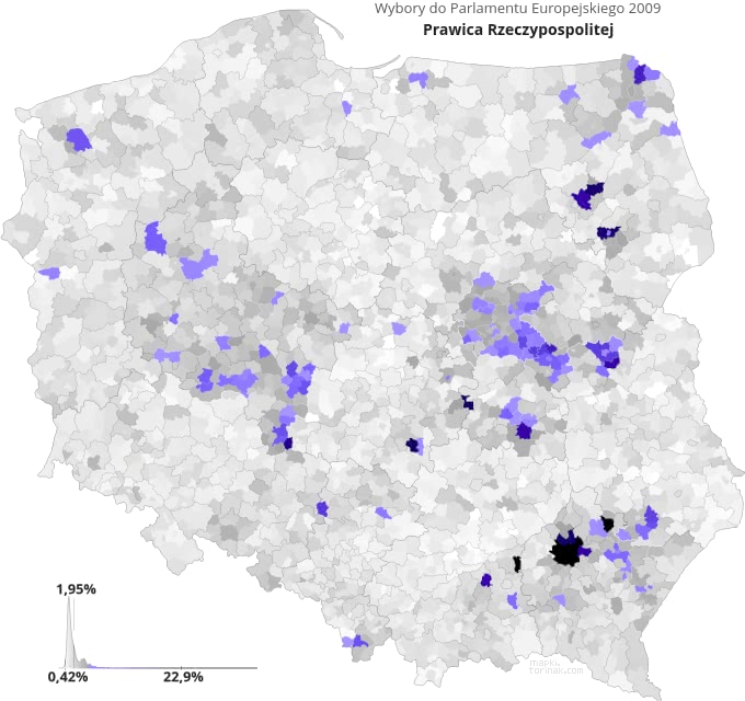 Mapa poparcia komitetu Prawica Rzeczypospolitej w wyborach 2009 roku.