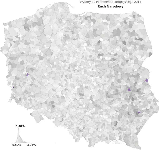 Mapa poparcia Ruchu Narodowego w wyborach 2014 roku.