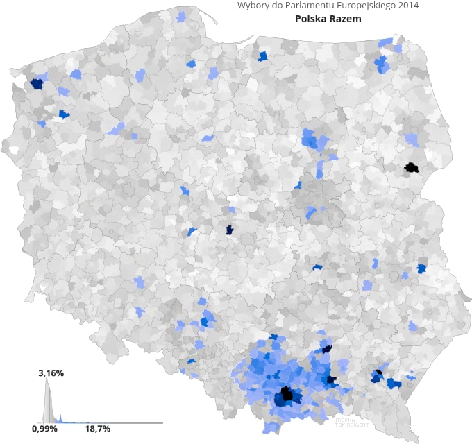Mapa poparcia komitetu Polska Razem w wyborach 2014 roku.