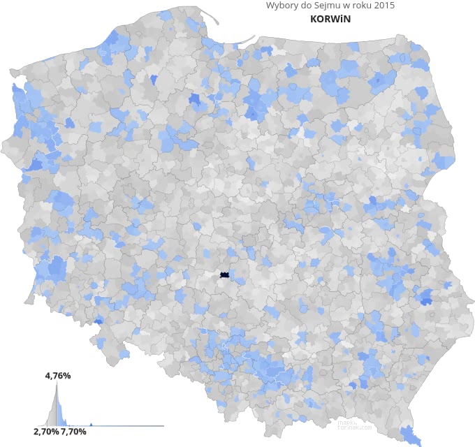 Mapa poparcia komitetu KORWiN w wyborach 2015 roku.
