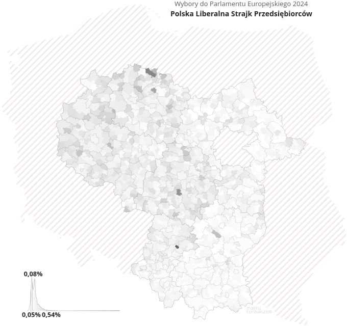 Mapa poparcia komitetu Polska Liberalna Strajk Przedsiębiorców w wyborach 2024 roku.